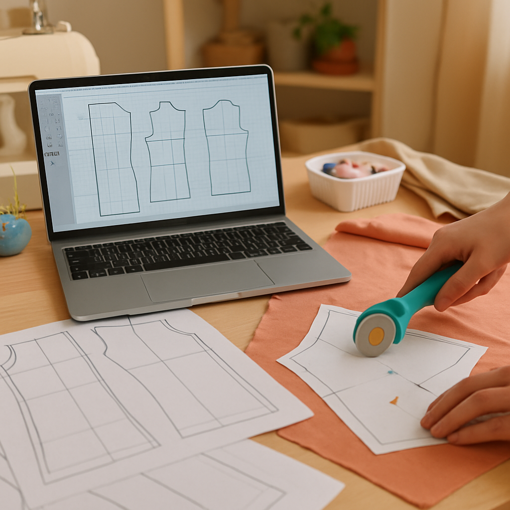A home sewing space with a laptop displaying a pattern drafting program, printed pattern sheets spread on a table, and a fabric cutter in use. Alt: pattern drafting classes online practice with real projects