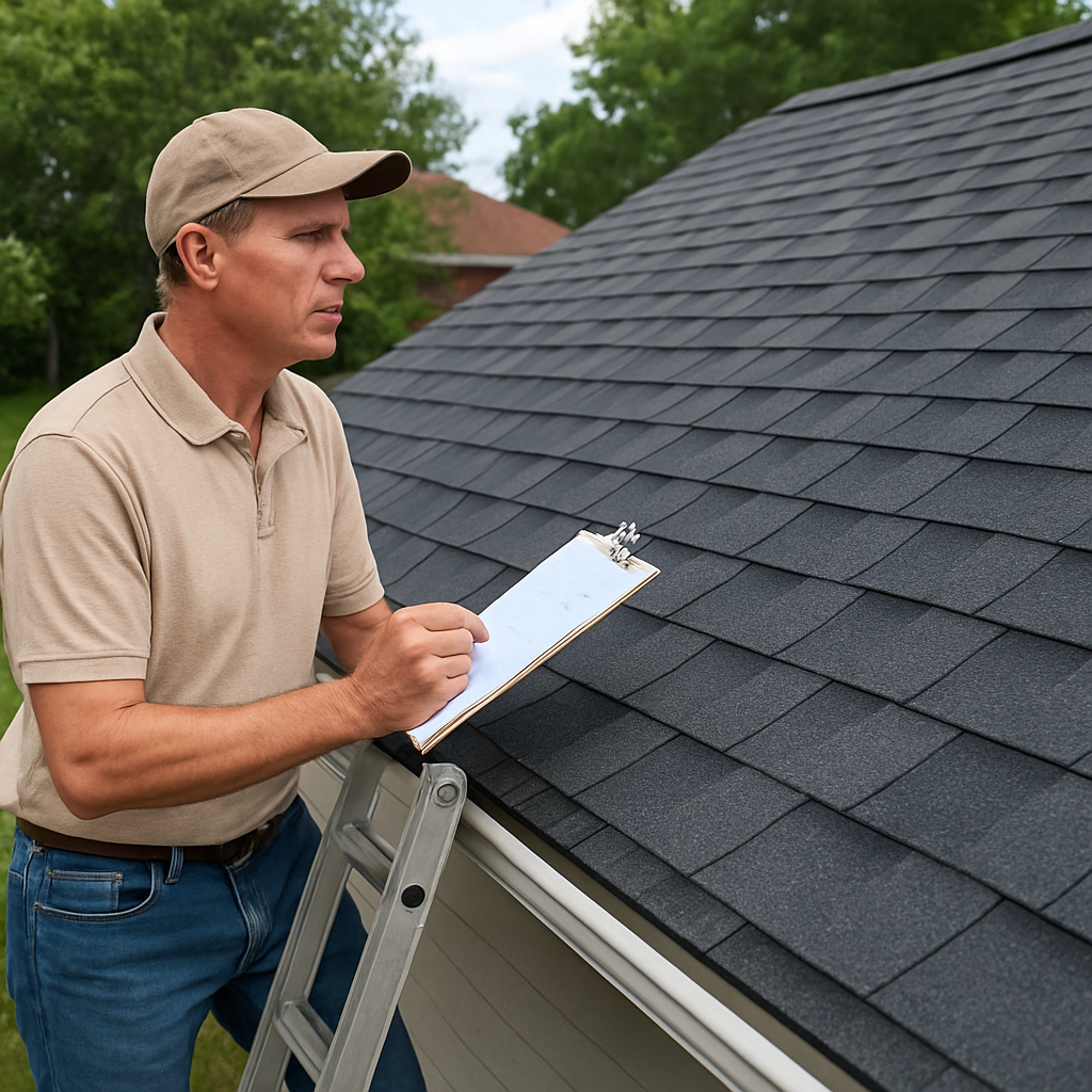 A homeowner in a Norfolk backyard standing on a ladder, inspecting a newly installed shingle roof, holding a clipboard with notes. Alt: Roof maintenance tips after installation for Norfolk homeowners
