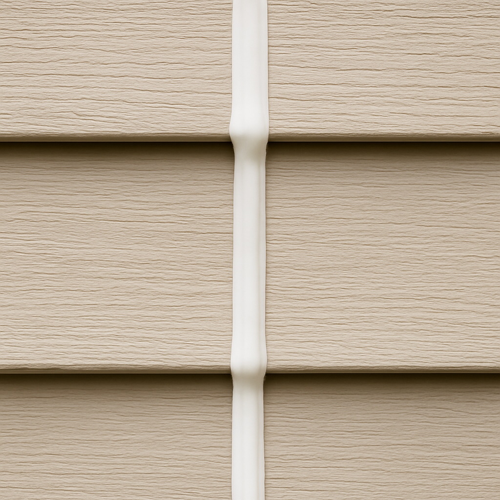 Close‑up of a freshly caulked siding seam on a suburban home, showing smooth, even bead of sealant. Alt: Properly sealed siding joint after repair