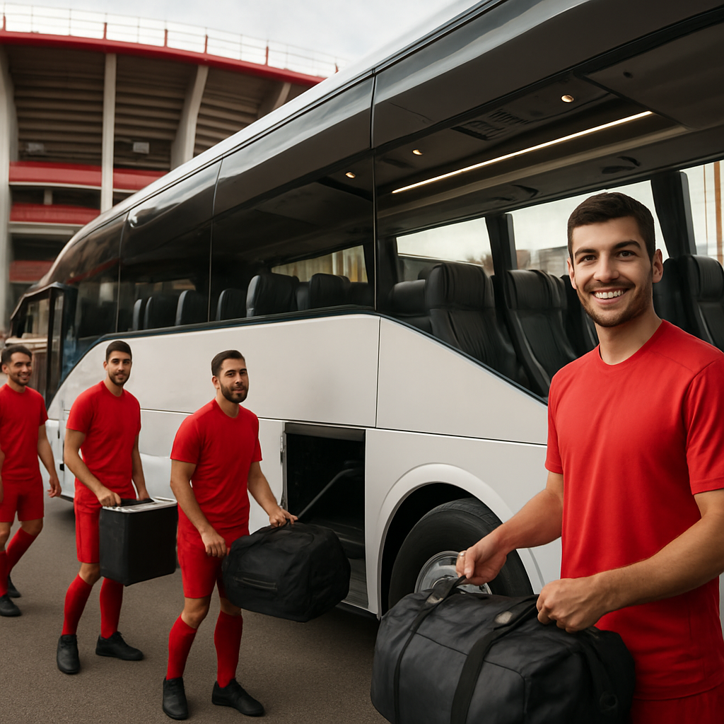 A modern, climate‑controlled coach parked outside a Madrid stadium with a football team loading equipment, showing spacious interior and smiling players. Alt: sports team bus rental madrid interior spacious comfortable coach