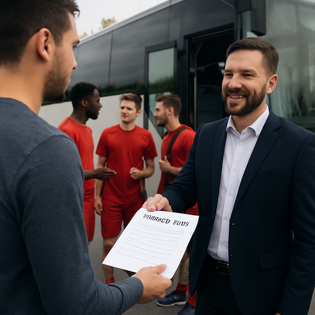 A coach driver handing a feedback form to a coach, with players in the background discussing the ride. Alt: sports team bus rental madrid post‑trip feedback gathering