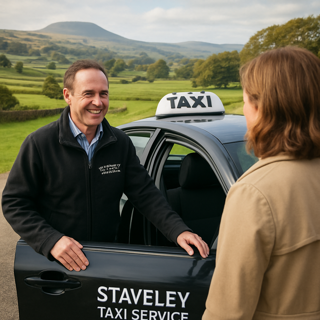 A friendly Staveley taxi driver opening the door for a passenger with a scenic countryside backdrop. Alt: Staveley taxi service local driver