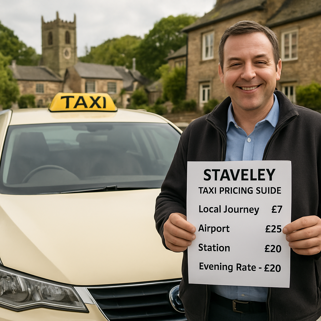 A friendly driver holding a price list beside a clean taxi in Staveley, with a backdrop of the village. Alt: Staveley taxi pricing guide