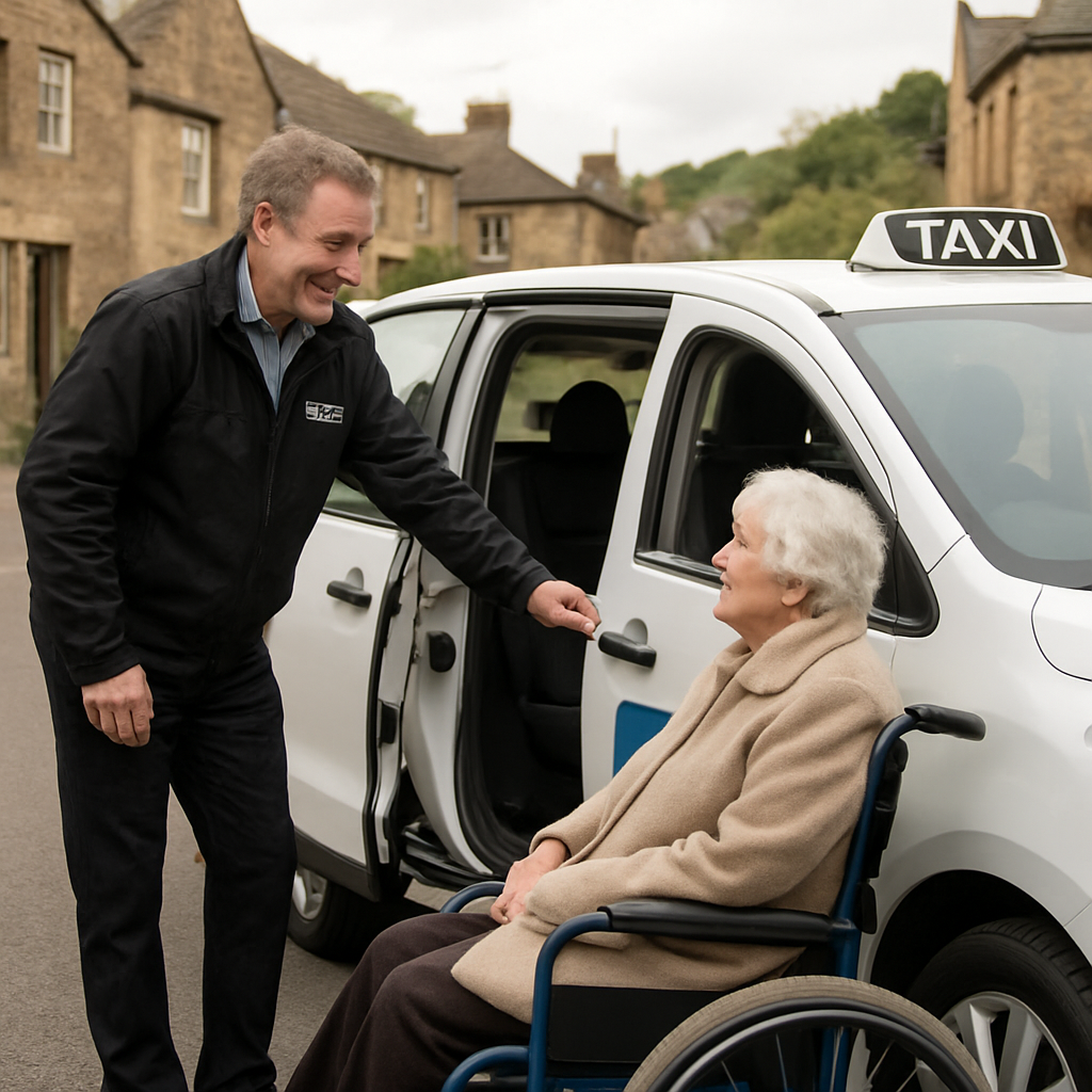 A friendly driver opening the door of a modern, wheelchair‑accessible taxi for an elderly passenger in a small village street. Alt: Staveley taxi safety and accessibility features with driver assisting passenger