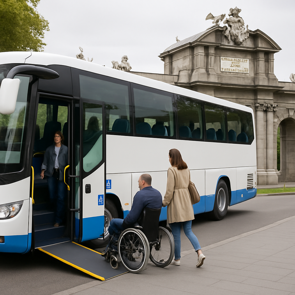 A modern wheelchair accessible bus parked near a famous Madrid landmark with passengers boarding comfortably. Alt: Wheelchair accessible bus hire Madrid providing inclusive group transportation.