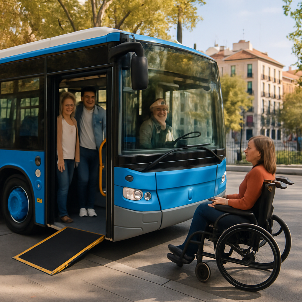 A wheelchair accessible bus parked in a scenic Madrid street with happy passengers boarding smoothly. Alt: Wheelchair accessible bus hire Madrid providing comfortable and safe boarding for mobility impaired passengers.