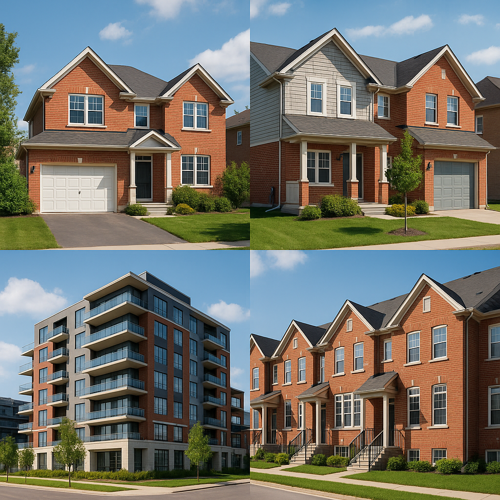 A balanced collage showing a detached home, semi-detached home, condo building, and townhouse in a suburban setting. Alt: Whitby real estate property types including detached, semi-detached, condos, and townhomes.