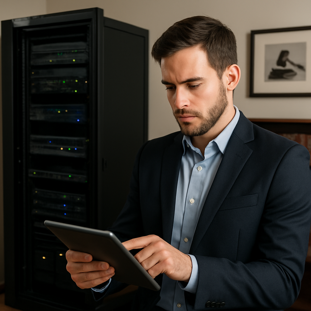 A law firm office with a server rack in the background, a team member checking a tablet screen. Alt: IT infrastructure assessment in a legal office.