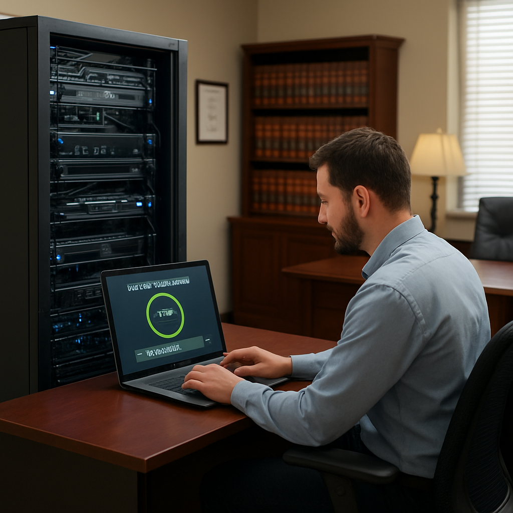 A law office with a server rack and a technician monitoring backup software. Alt: Backup system in a law firm environment.