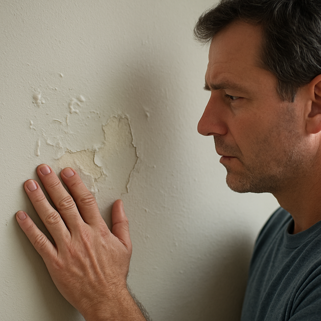 Close-up of a wall with paint defects like bubbles and peeling, showing a homeowner inspecting the problem. Alt: Troubleshooting painting problems