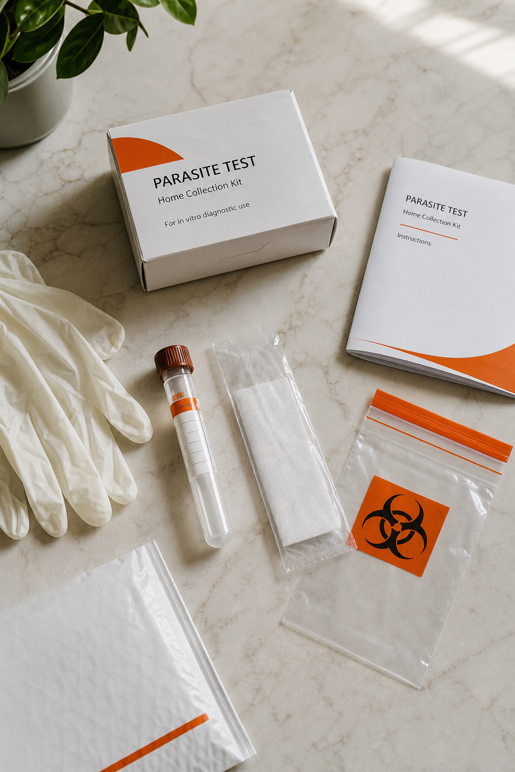 A photorealistic top-down view of a home testing kit laid out on a clean white surface, including a collection tube, gloves, instruction booklet, and a small biohazard bag. Soft natural lighting from a window. Alt: Parasite test kit components on a table.