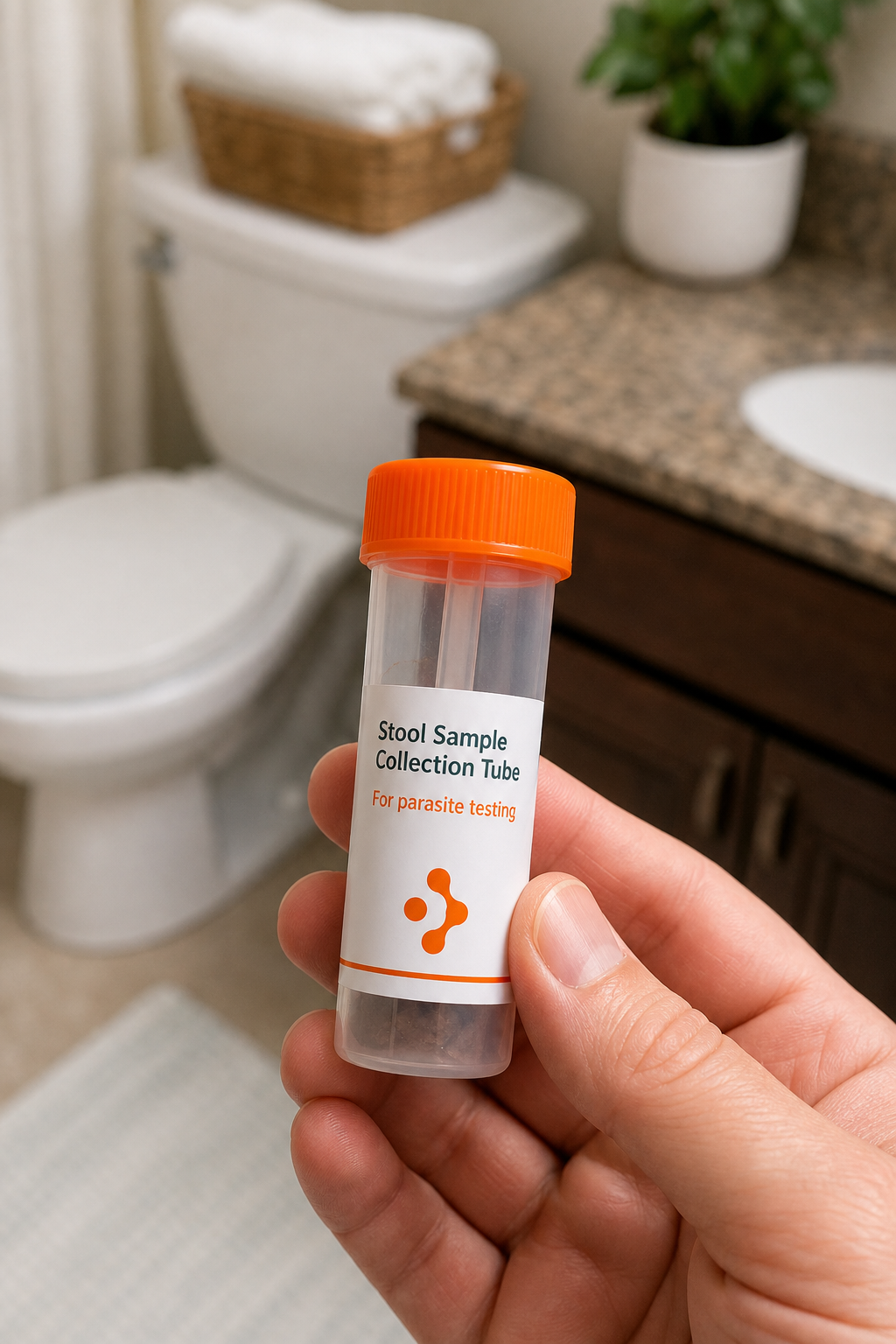 A realistic close-up of a hand holding a stool collection tube with a label, against a blurred background of a bathroom setting. Alt: Collecting stool sample for at-home parasite test.