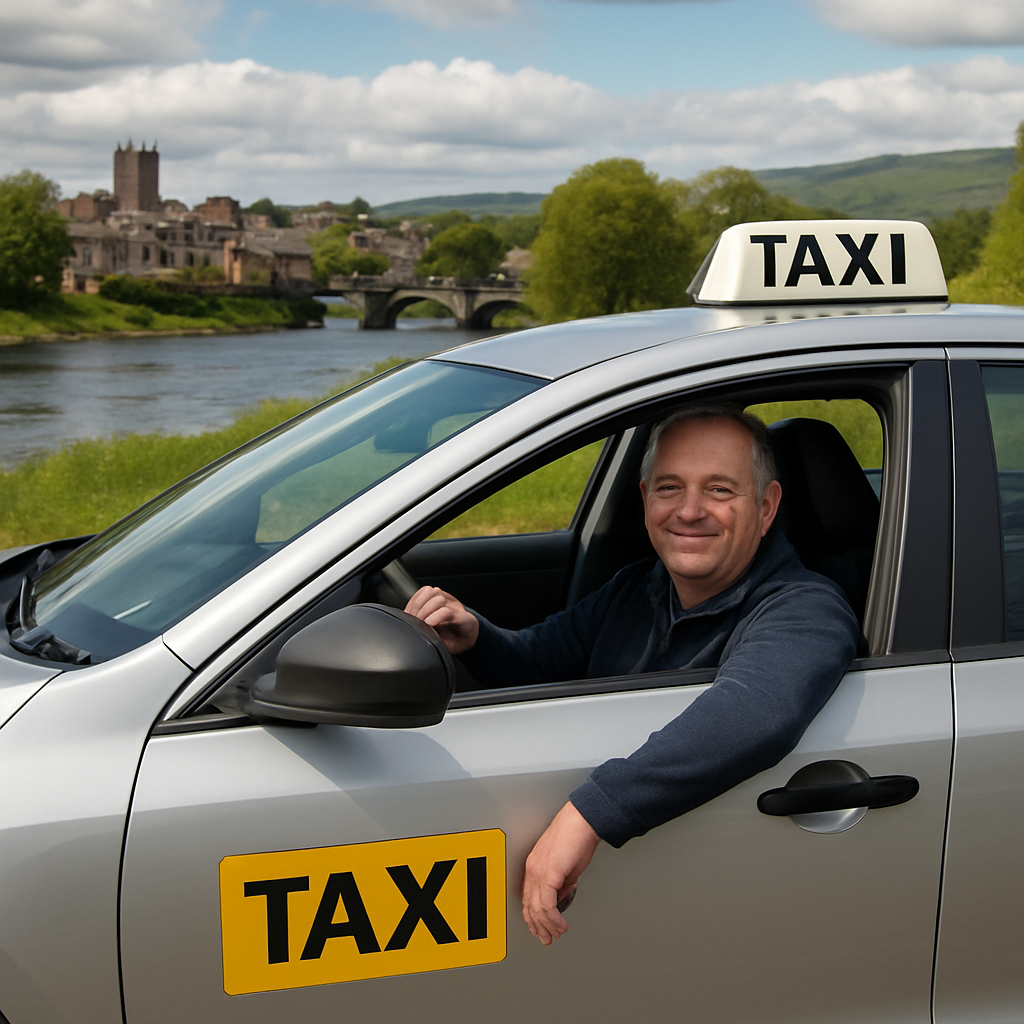 A friendly local taxi driver in a clean vehicle, parked beside a scenic view of Penrith with the River Eamont in the background. Alt: Penrith taxi local driver with scenic backdrop
