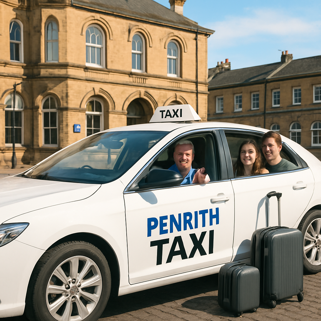 A friendly Penrith taxi pulling up to a historic town centre building, driver waving, visible roof sign, passengers with luggage and a dog, bright daylight. Alt: Penrith taxi safe comfortable ride.