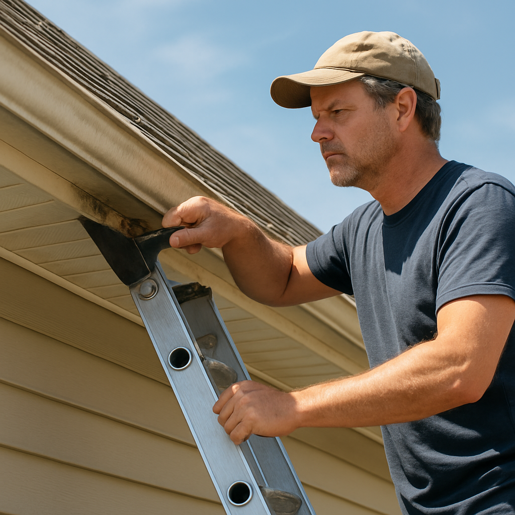 A homeowner standing on a ladder, cleaning a rain gutter with a scoop, bright daylight, house eaves visible. Alt: homeowner cleaning gutters during roof inspection