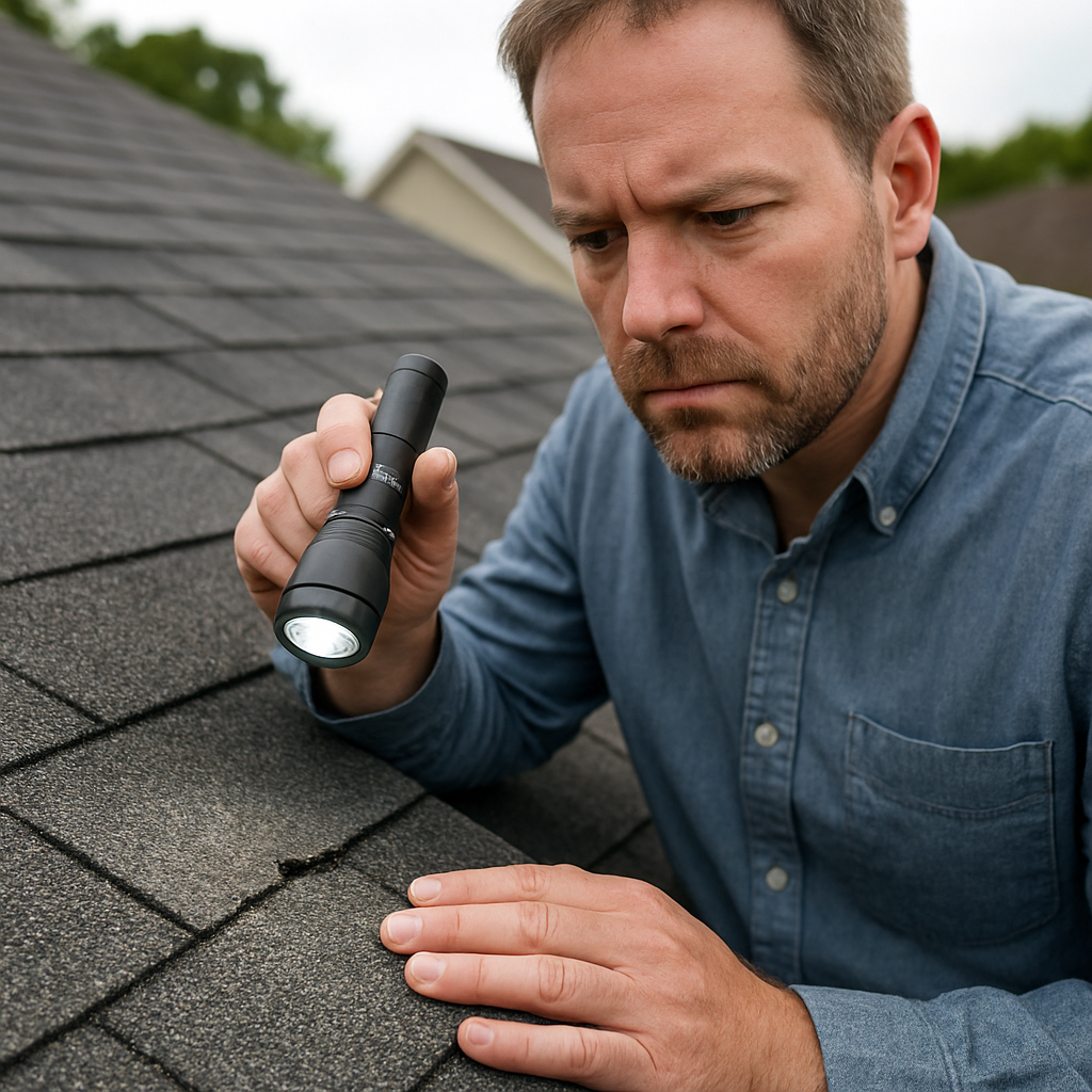 A homeowner inspecting a shingle on a residential roof in Chesapeake, VA, with a flashlight, showing close‑up detail of a cracked shingle. Alt: Assessing roof damage Chesapeake VA home inspection