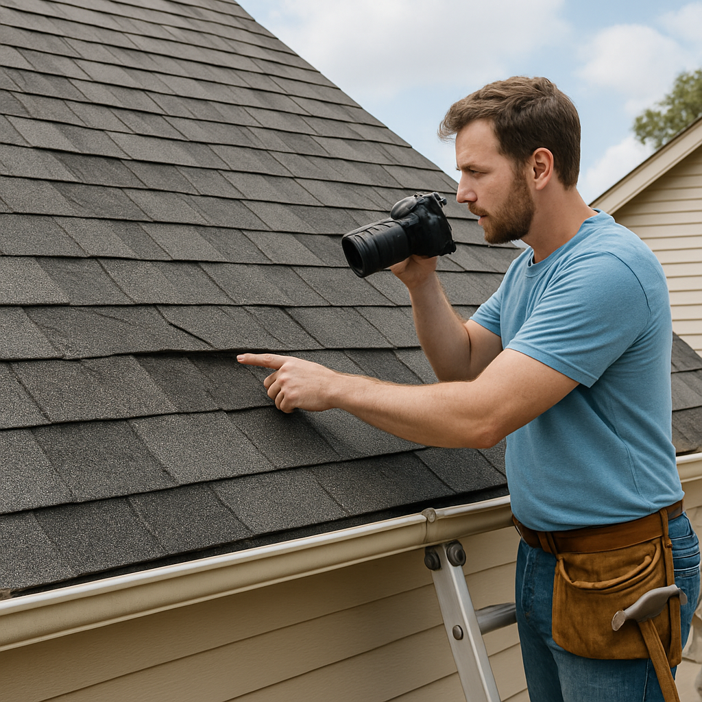 A homeowner on a ladder holding a camera, pointing at a damaged shingle on a residential roof in Chesapeake, VA. Alt: roof repair chesapeake va visual guide