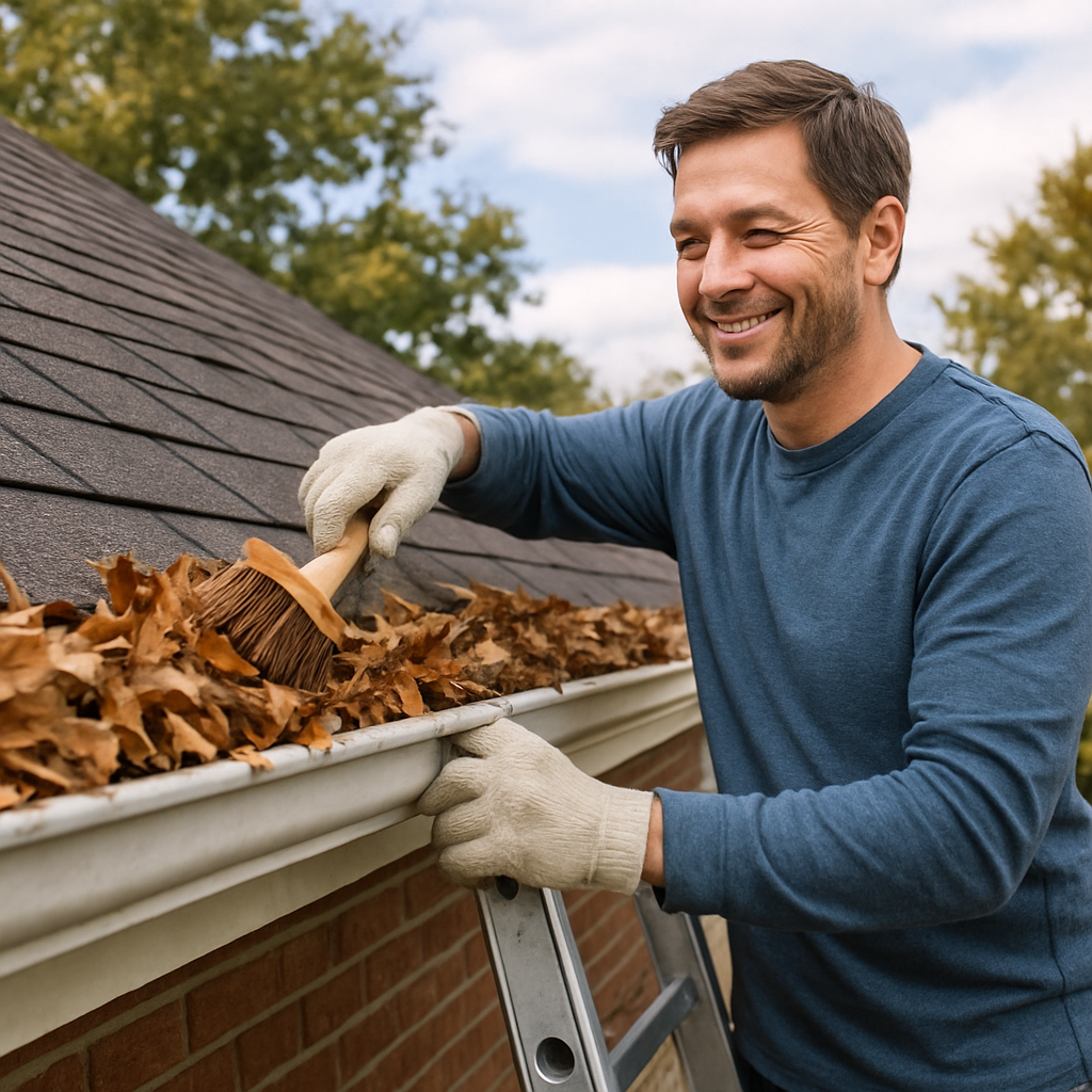 A homeowner standing on a ladder clearing leaves from a Virginia Beach roof gutter, smiling while holding a brush. Alt: roof maintenance Virginia Beach homeowner clearing gutters for roof longevity.