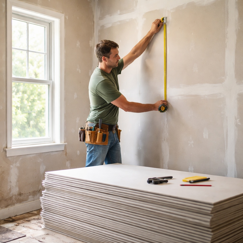A photorealistic scene of a homeowner standing in a partially finished room, measuring a wall with a tape measure while a stack of sheet rock panels rests against the floor; soft natural light streams through a window, emphasizing the texture of the drywall. Alt: Assessing sheet rock project needs in a realistic home renovation setting.