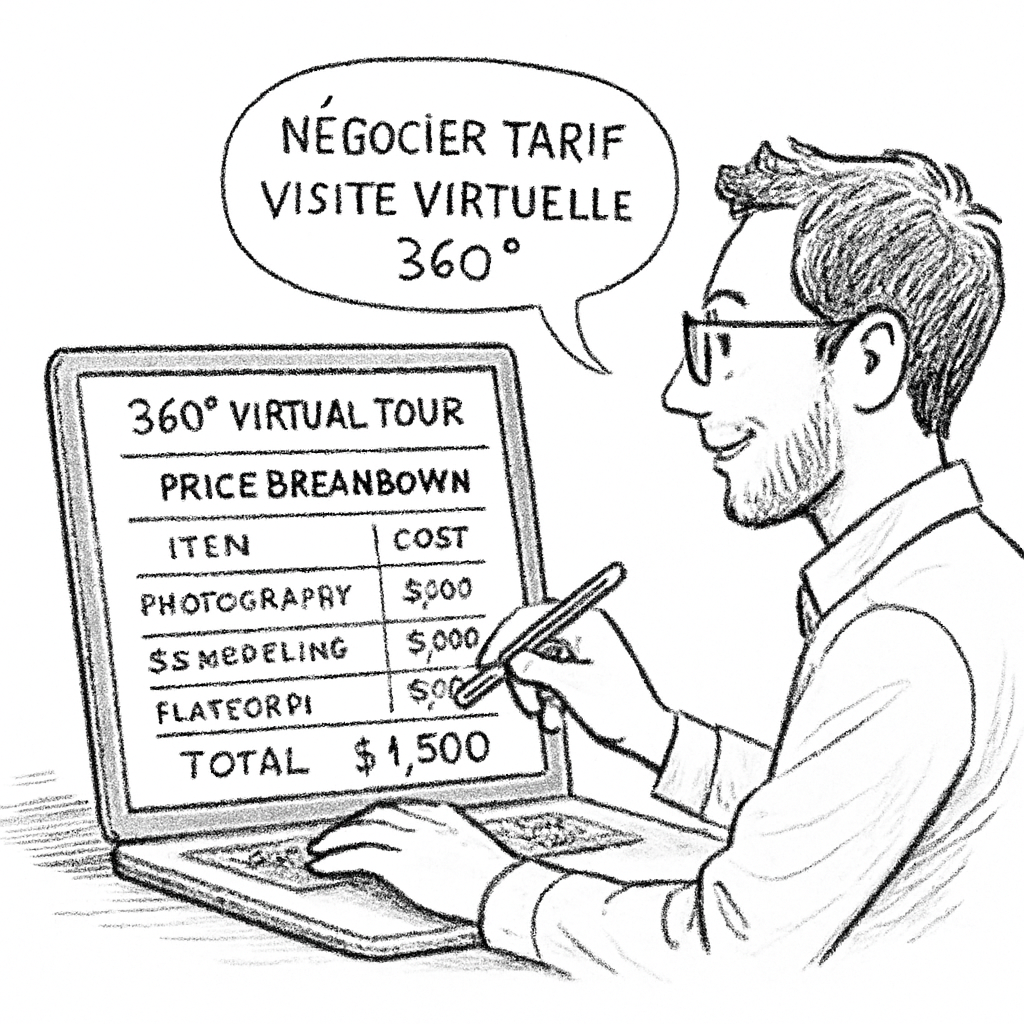 A tech professional reviewing a detailed price breakdown on a laptop, highlighting negotiation points for a 360° virtual tour. Alt: négocier tarif visite virtuelle 360