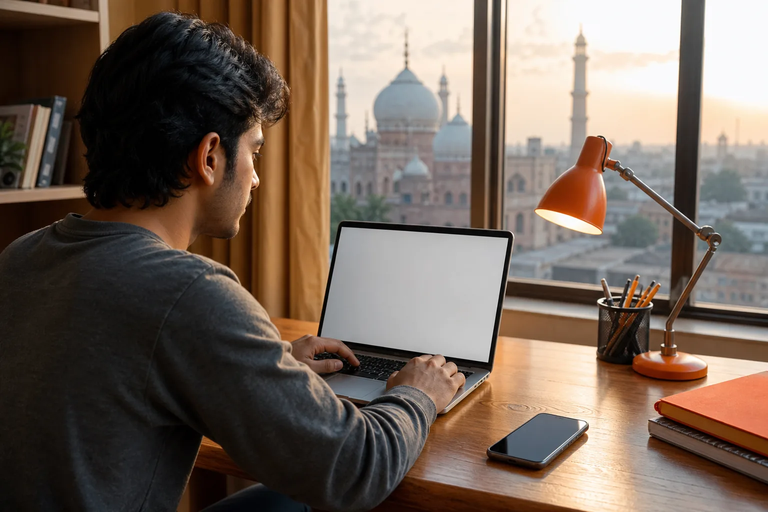 Student in Pakistan choosing a browser-based PDF compressor on a laptop.