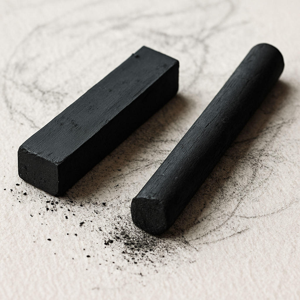 A photorealistic close-up of two charcoal sticks—one compressed, one vine—lying on a textured sketch paper, with a faint sketch in progress, highlighting their different textures and dust. Alt: compressed charcoal vs vine charcoal cost and environmental comparison.