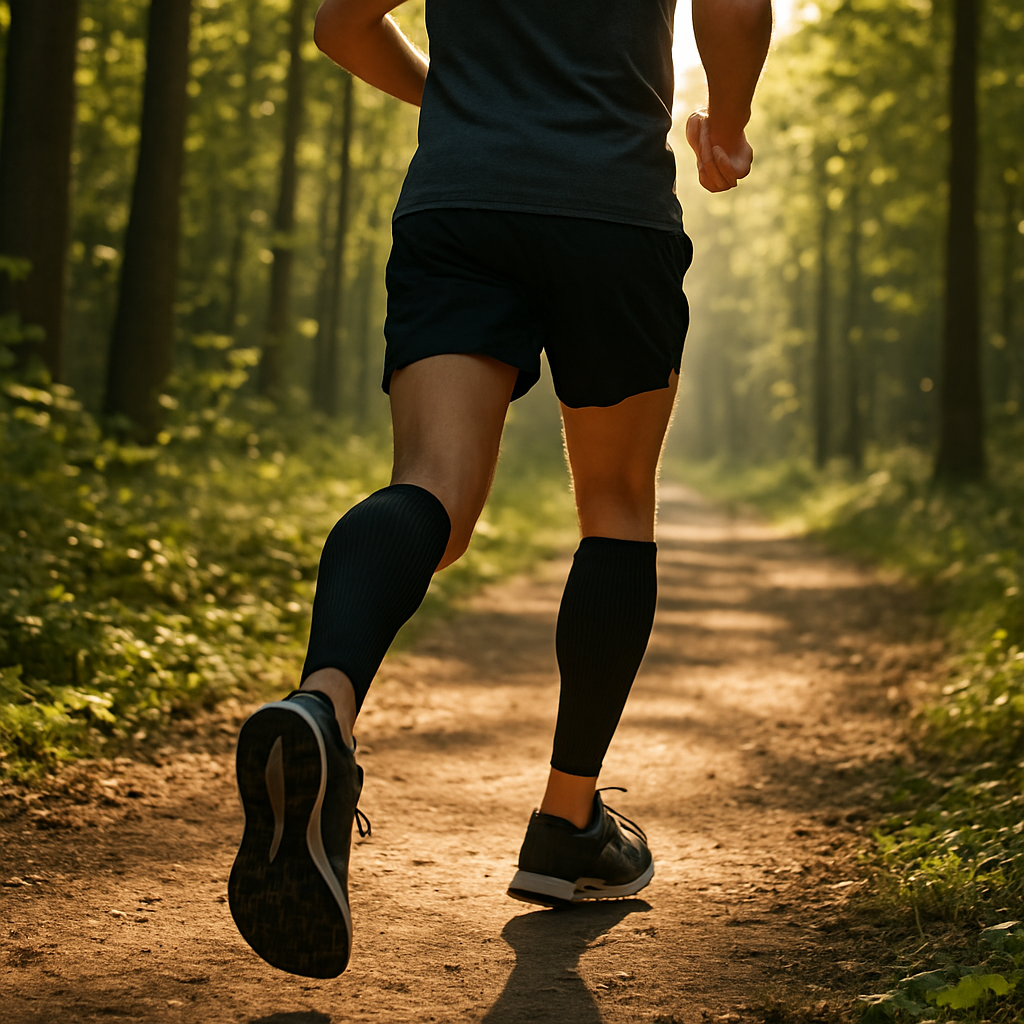 A runner on a forest trail wearing calf compression sleeves, the fabric hugging the lower leg, sunlight filtering through trees. Alt: compression sleeves for calves running improve performance and recovery.