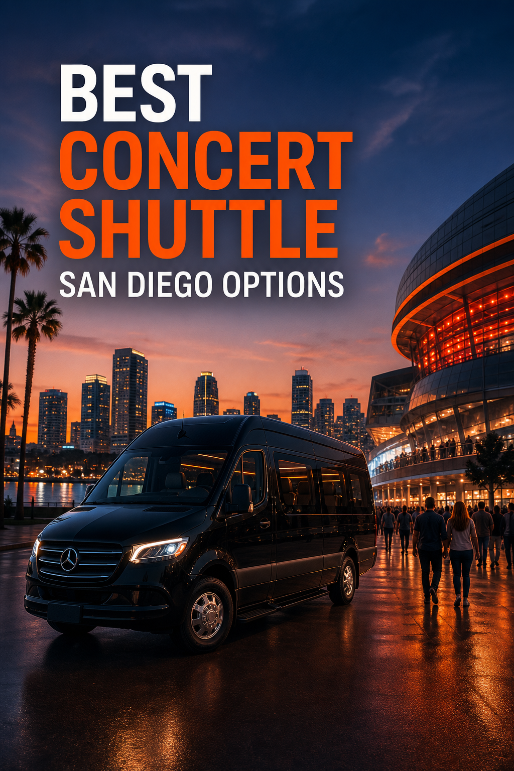 A sleek Mercedes Sprinter van parked near a concert venue at twilight, lights of the arena glowing in the background, cinematic style, high detail, vibrant San Diego skyline