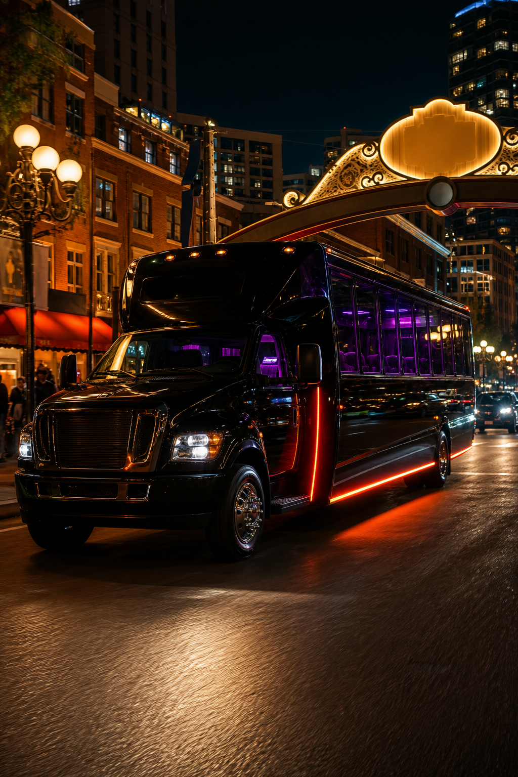 A vibrant party bus with colorful LED lights cruising past the Gaslamp Quarter, cinematic night scene