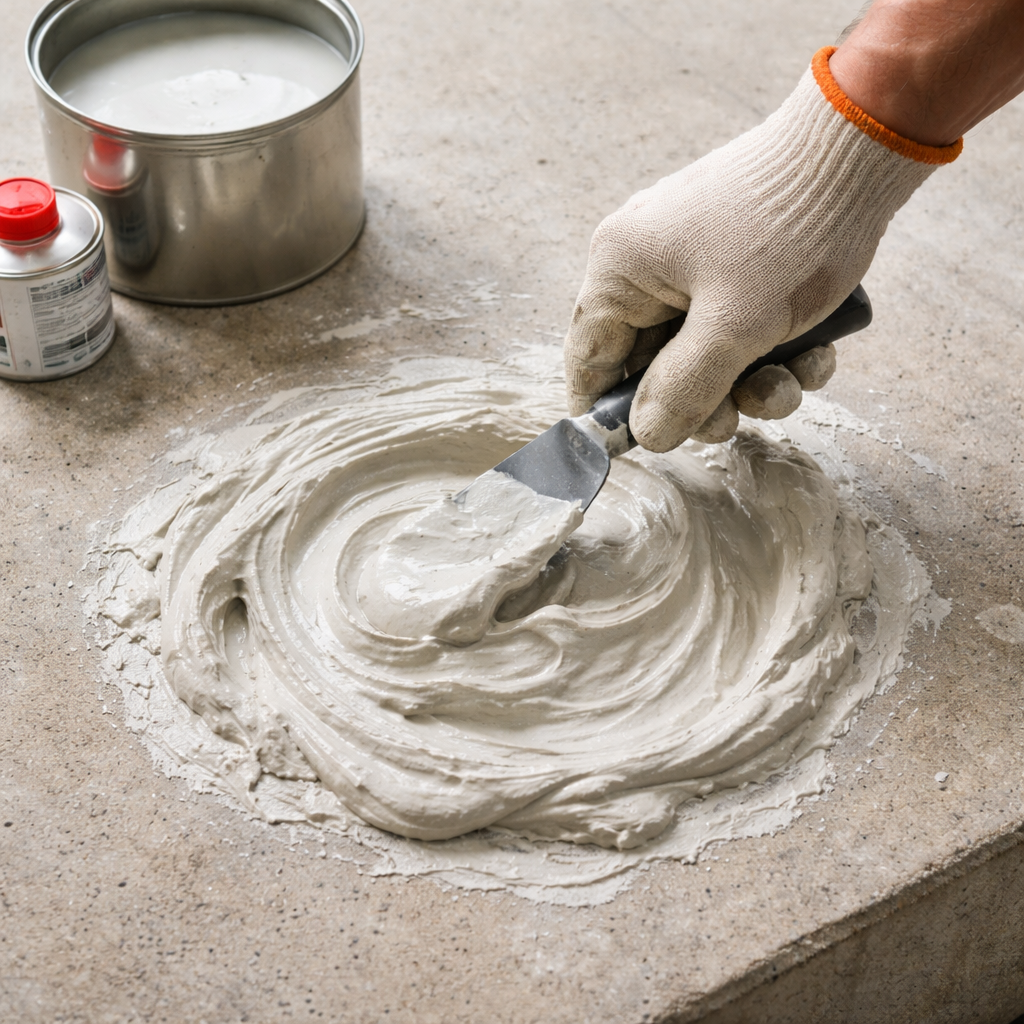 A realistic close‑up of a hand mixing two‑part mortar on a clean concrete slab, showing the smooth paste ready for application. Alt: two‑part polyester mortar preparation