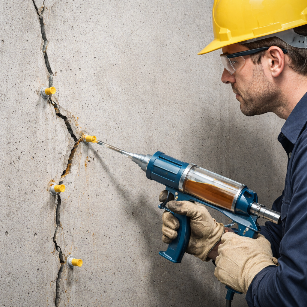 A realistic illustration of a technician injecting epoxy into a concrete wall crack using a low‑pressure gun. Alt: epoxy injection process