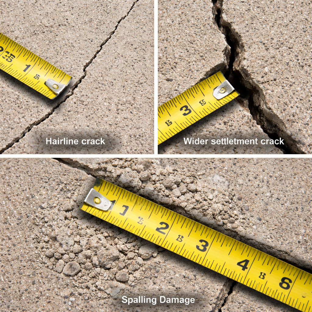 A photorealistic close-up of various concrete patio crack types showing hairline cracks, wider settlement cracks, and spalling damage with a measuring tool for scale. Alt: Different types of concrete patio cracks being measured for repair assessment