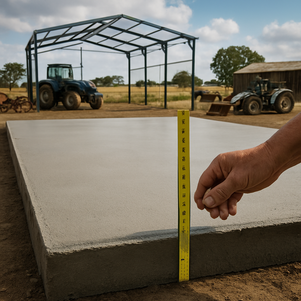 A clear aerial view of a freshly poured concrete slab with a measuring tape indicating thickness, surrounded by farm equipment and a shed frame in the background. Alt: Assessing load requirements for concrete slab thickness for shed