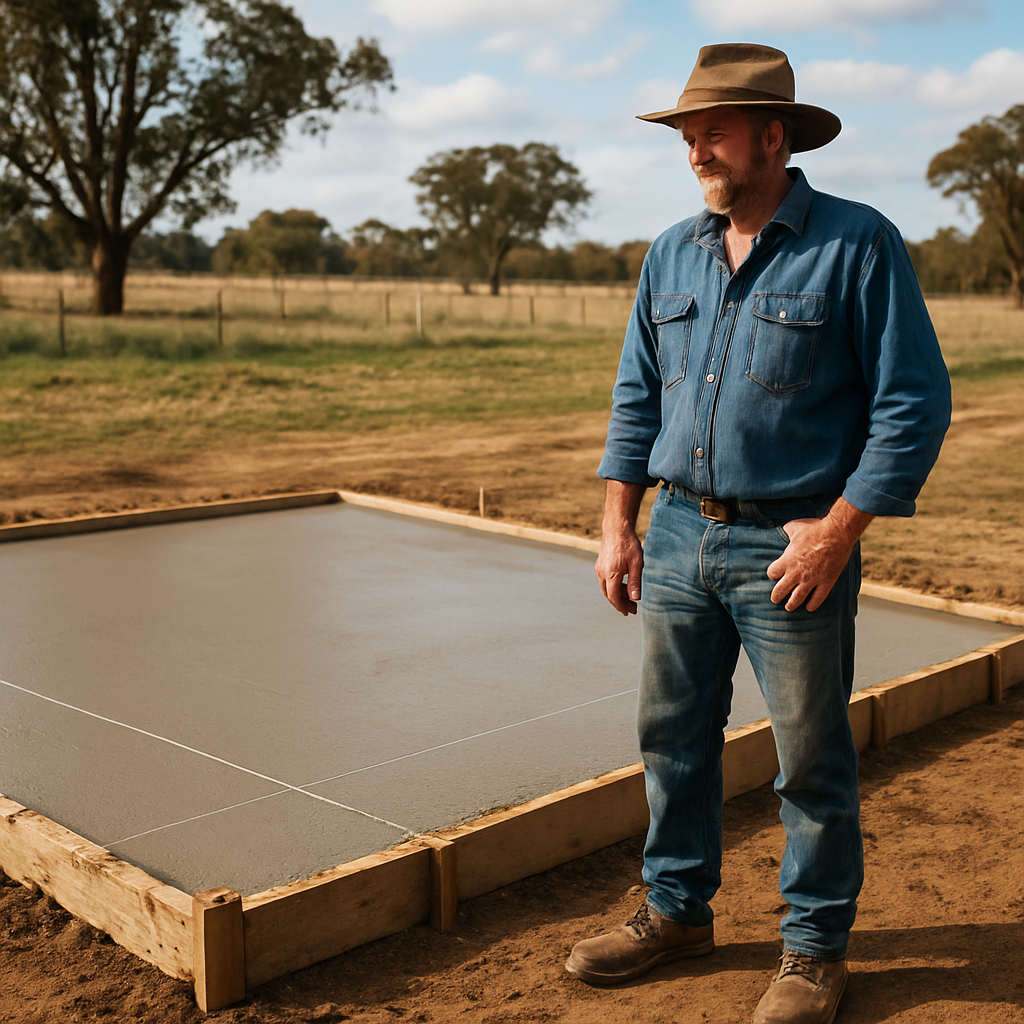 A farmer in work boots standing beside a freshly poured concrete slab, with formwork still in place and a level line visible. Alt: Concrete slab thickness for shed – prepared site ready for pour.