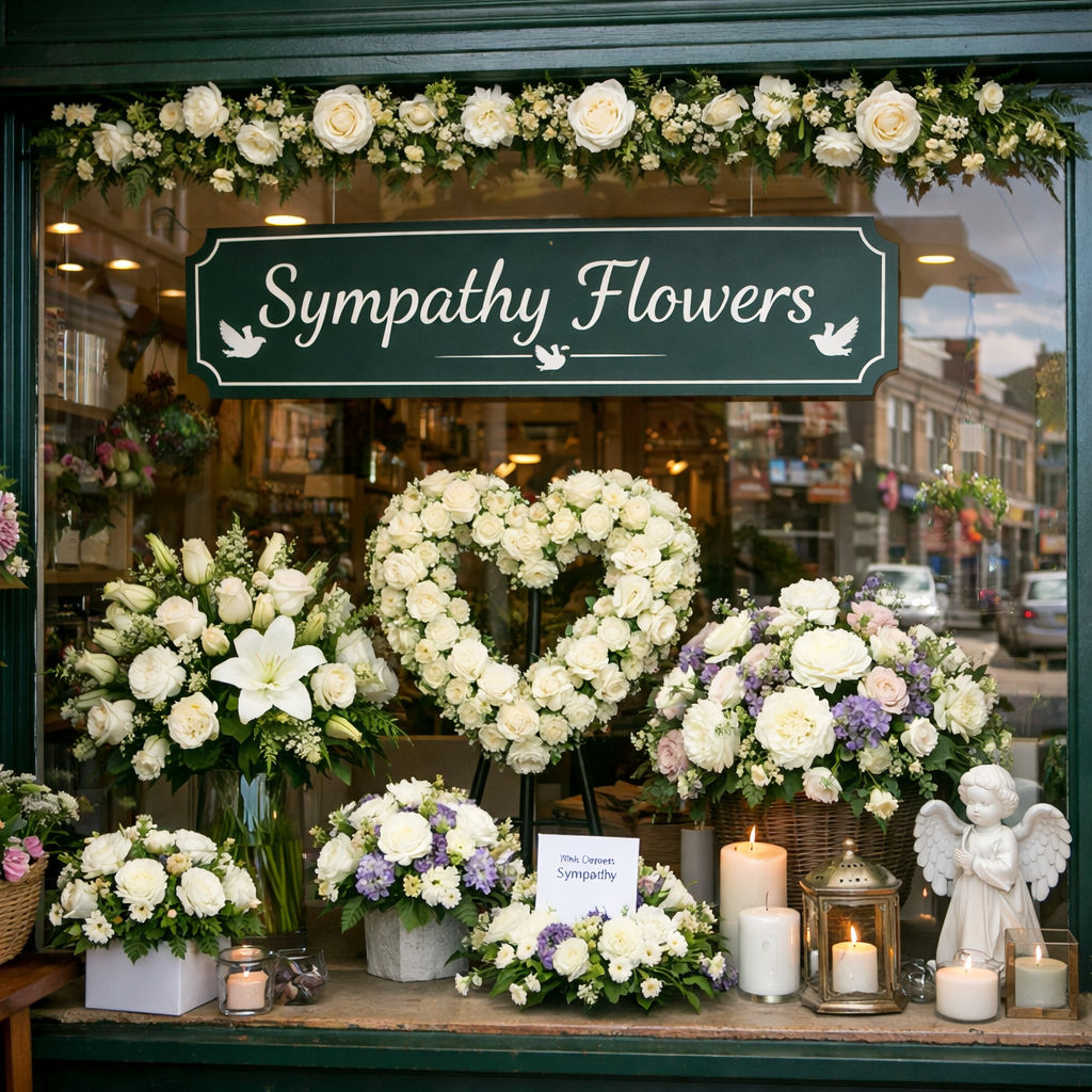 A friendly UK florist shop window with a sign that reads “Sympathy Flowers”, photorealistic, alt: condolence flowers UK florist