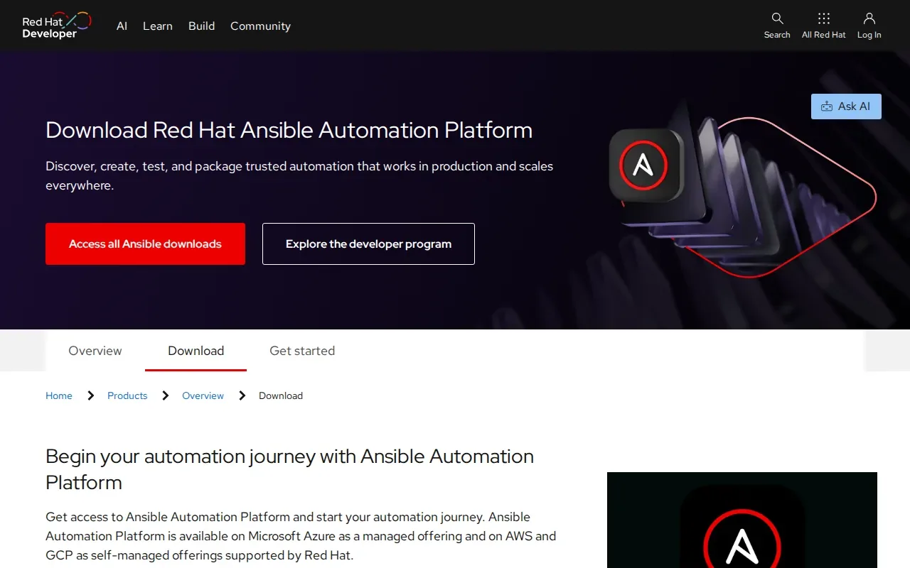 Screenshot of the Ansible by Red Hat website