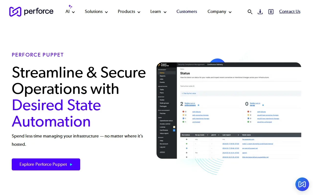 Screenshot of the Puppet by Perforce website