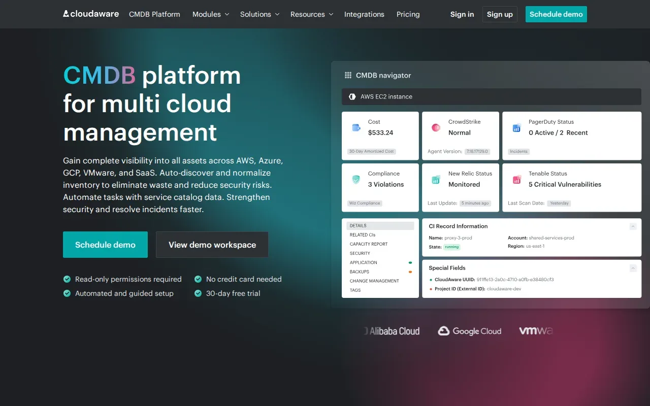 Screenshot of the Cloudaware website