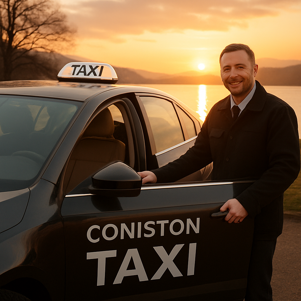 A friendly driver opening the door of a warm Coniston taxi near the lake, with the sun setting behind the water. Alt: Coniston taxi booking experience
