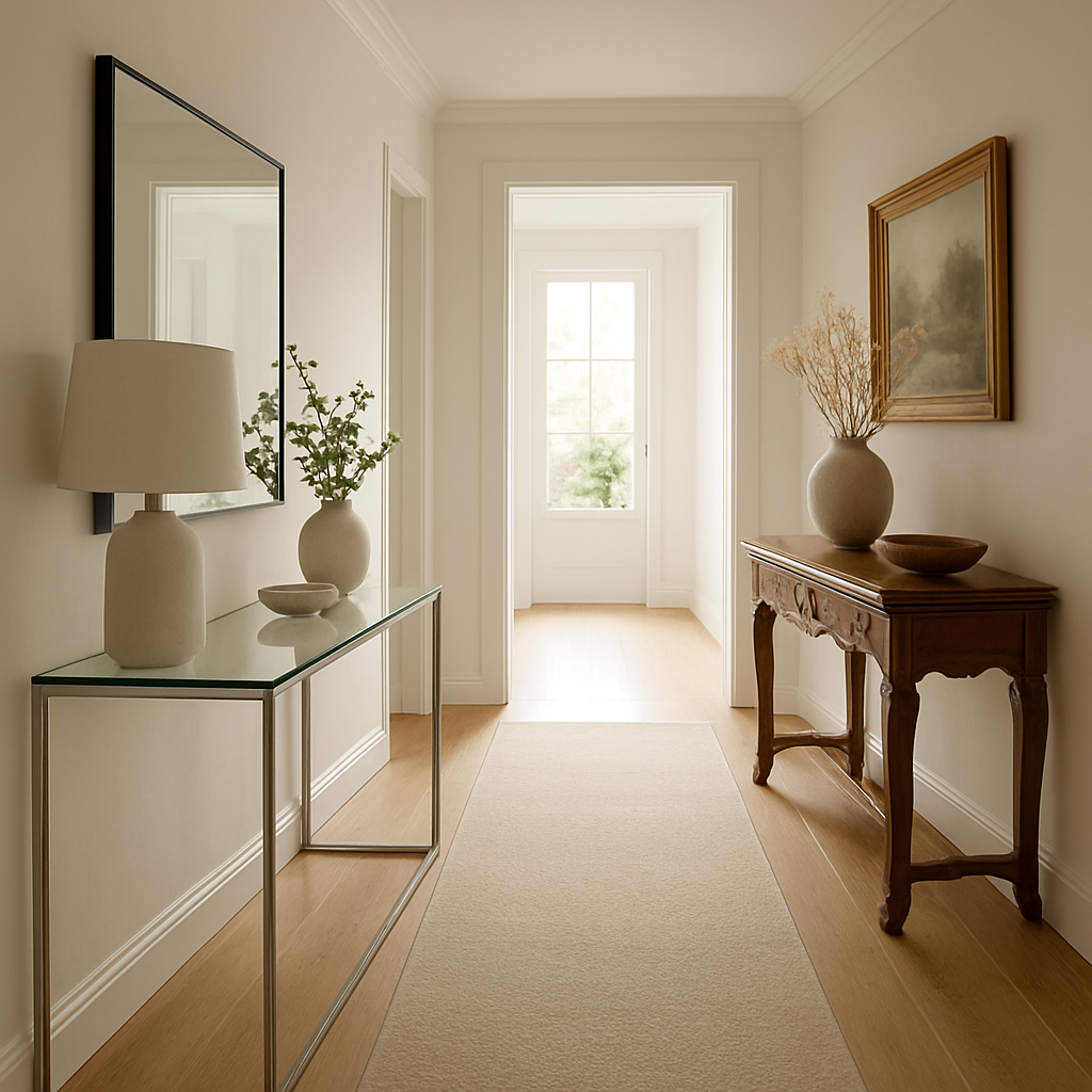 A bright, airy hallway with a sleek glass‑top modern console table on one side and a warm, carved‑wood traditional console table on the opposite wall, showcasing the contrast in styles. Alt: Modern vs traditional console tables in a home interior.