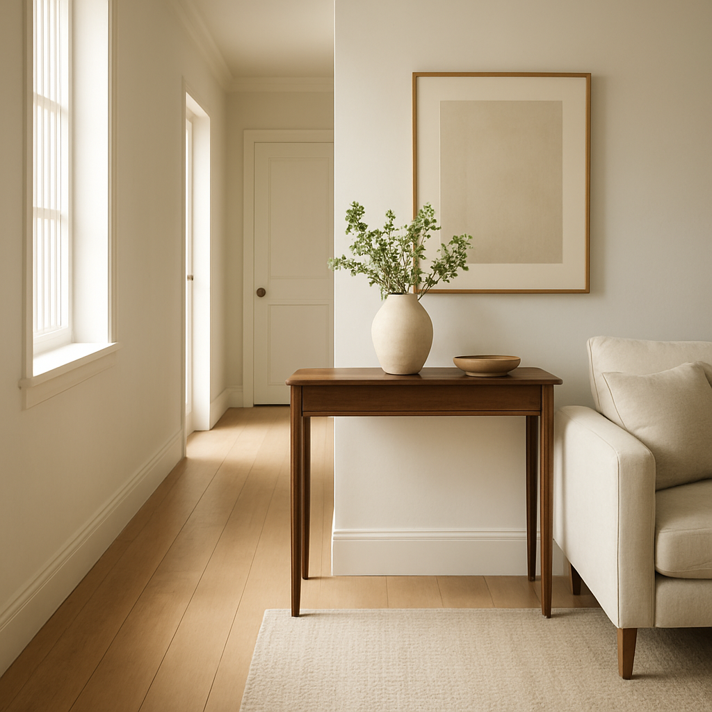 A bright, airy hallway with a sleek walnut console table beside a modern sofa, showing proper height and depth proportion. Alt: Console Tables sized correctly for hallway and living room settings.
