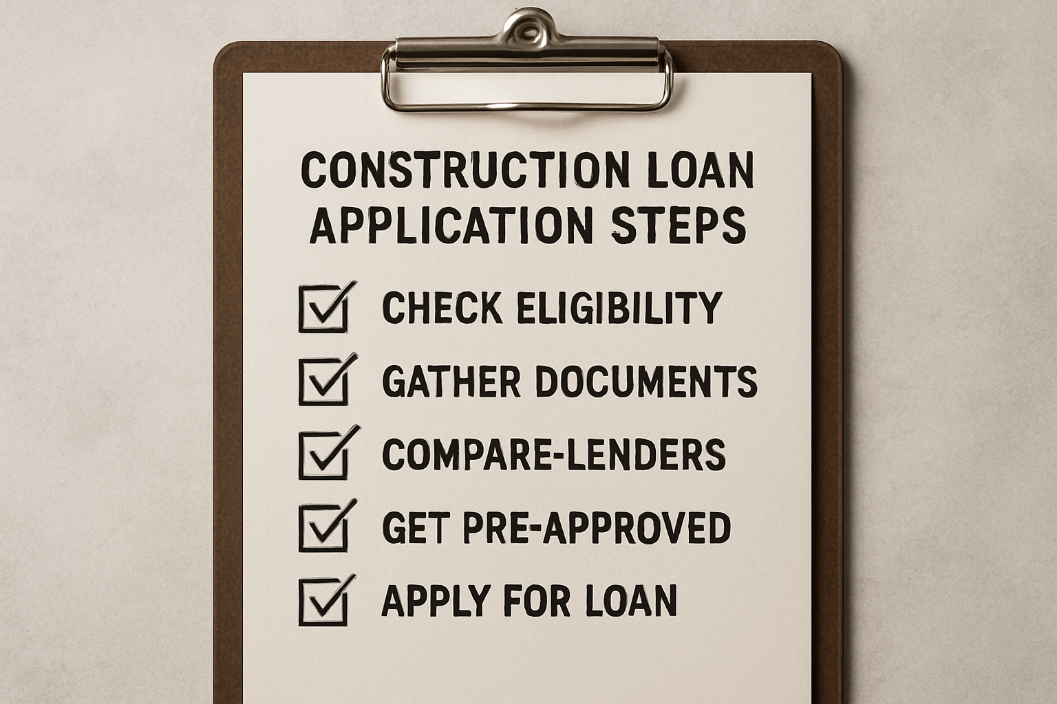 A checklist for construction loan application steps. Alt: construction loans baldivis application process checklist.
