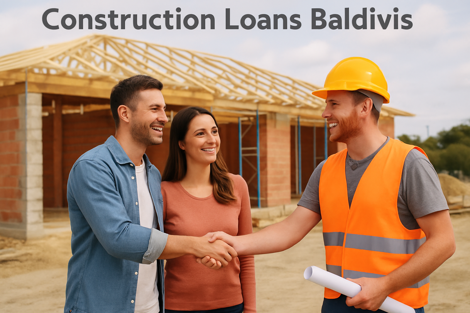 A Baldivis construction site with a happy couple shaking hands with the builder. Alt: construction loans baldivis successful loan approval and construction partnership.