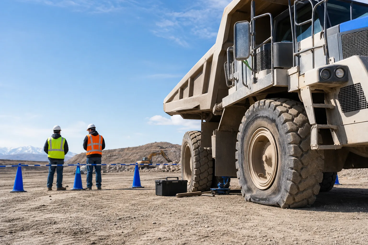 Construction truck with a flat tire at a safely cleared US job site.