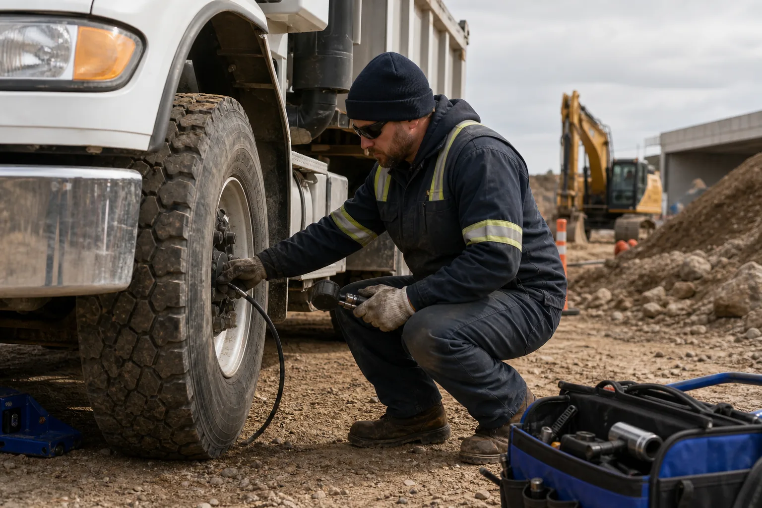 Mobile technician inspecting a heavy vehicle tire at a US construction site.