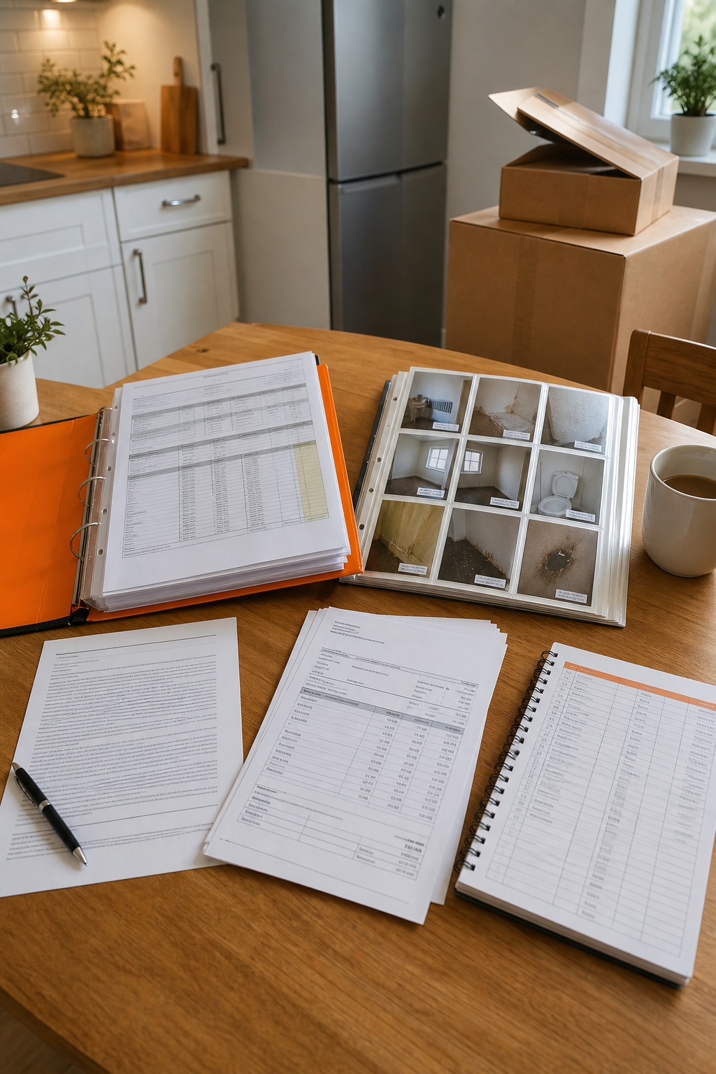 A realistic kitchen table with organized rental records, dated photos, repair invoices, a lease, and a moving expense ledger, warm natural light, orange accent color, no readable personal data or contact information. Alt: constructive eviction evidence records damages and tenant move-out