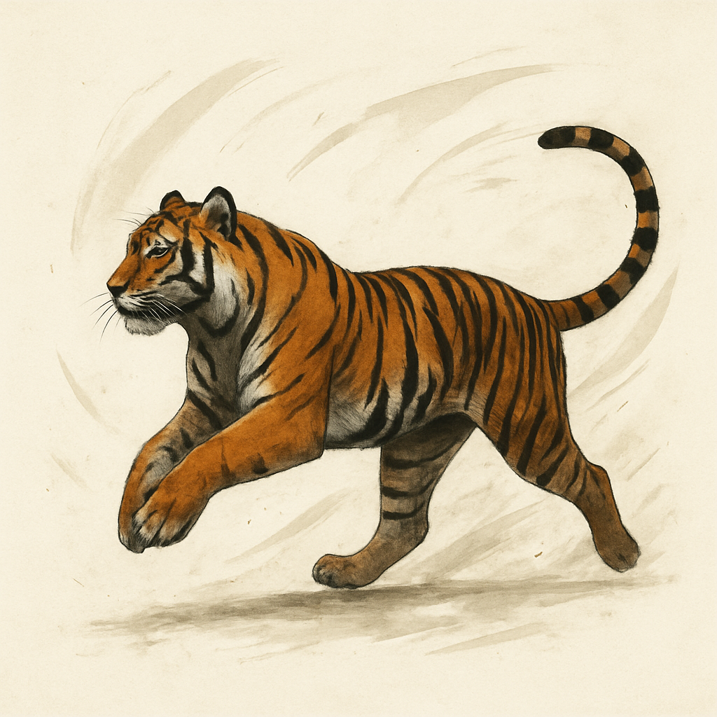 Lámina artística contemporánea de vida silvestre que presenta una silueta dinámica de tigre sobre un fondo minimalista, rodeada de sutiles elementos abstractos que insinúan movimiento. Alt: Lámina artística contemporánea de vida silvestre con una composición dinámica.