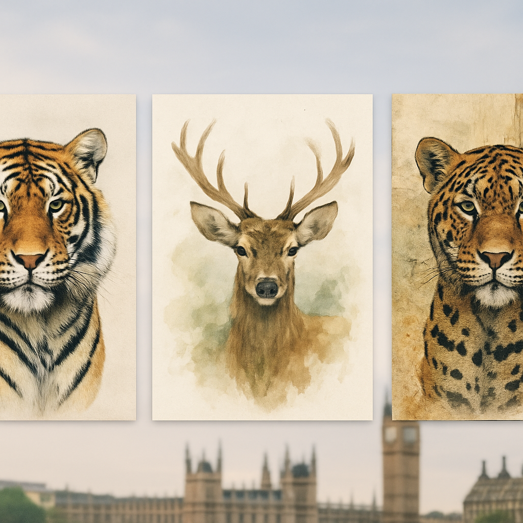 Comparación de tres estilos contemporáneos de impresiones de vida silvestre: un tigre digital nítido sobre lienzo, un ciervo en acuarela sobre papel y un collage de técnica mixta de un jaguar sobre papel texturizado. Alternativa: Impresiones de arte contemporáneo de vida silvestre con diferentes estilos.