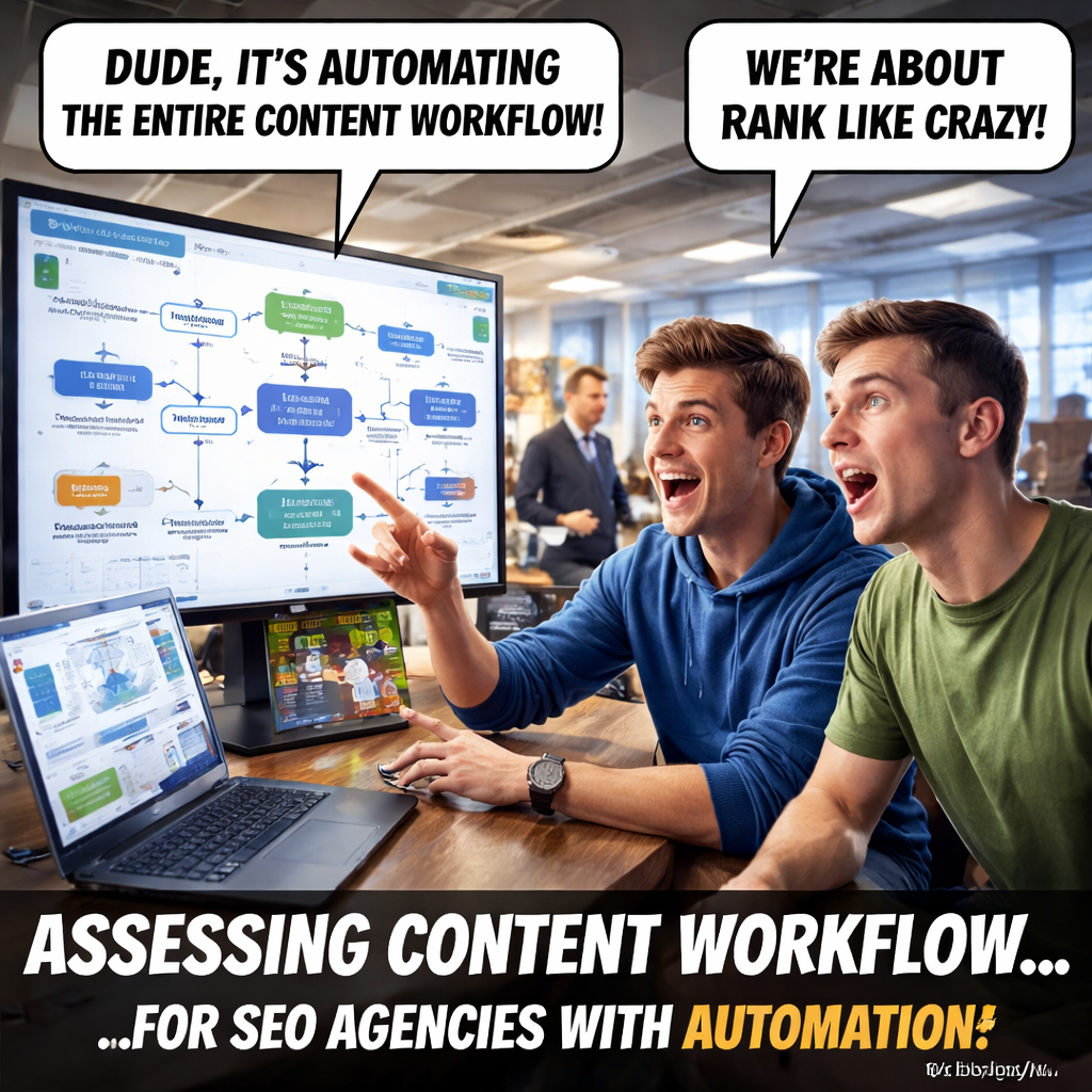 A modern digital marketing agency office with screens displaying workflow diagrams and AI content generation tools. Alt: Assessing content workflow for SEO agencies with automation.