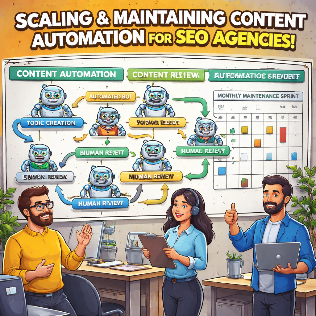 An illustration of a workflow board showing automated bots, human review checkpoints, and a calendar with a monthly maintenance sprint. Alt: Diagram of scaling and maintaining content automation processes for SEO agencies.